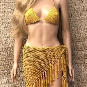 Hand crocheted, high sparkle bikini top and matching mesh wrap coverup.